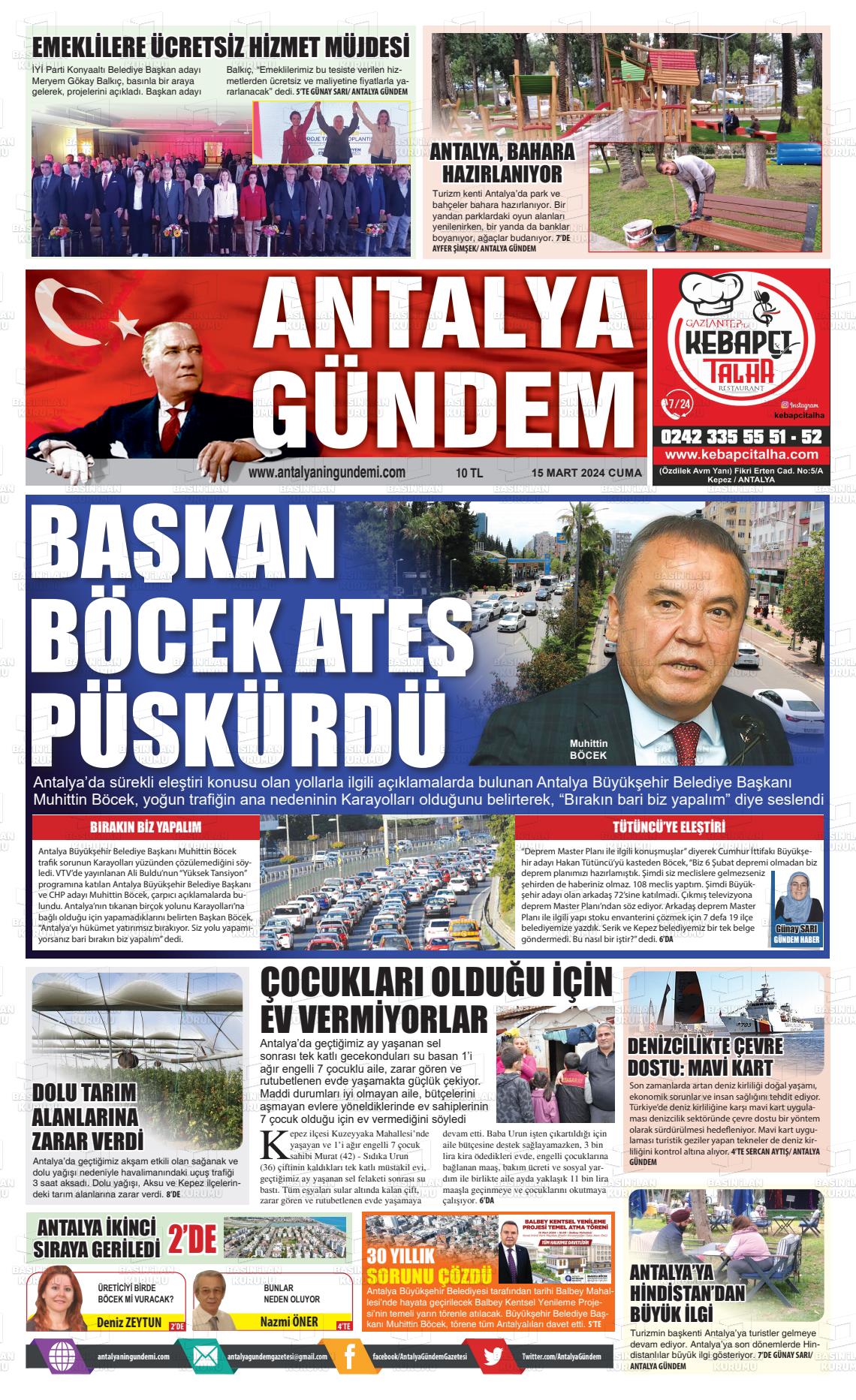 15 Mart 2024 Antalya'nın Gündemi Gazete Manşeti