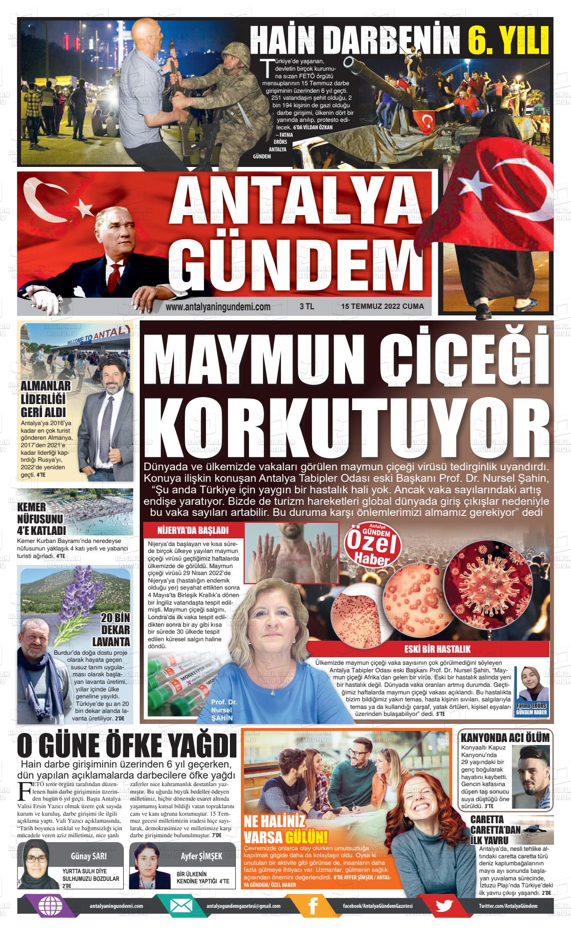 15 Temmuz 2022 Antalya'nın Gündemi Gazete Manşeti