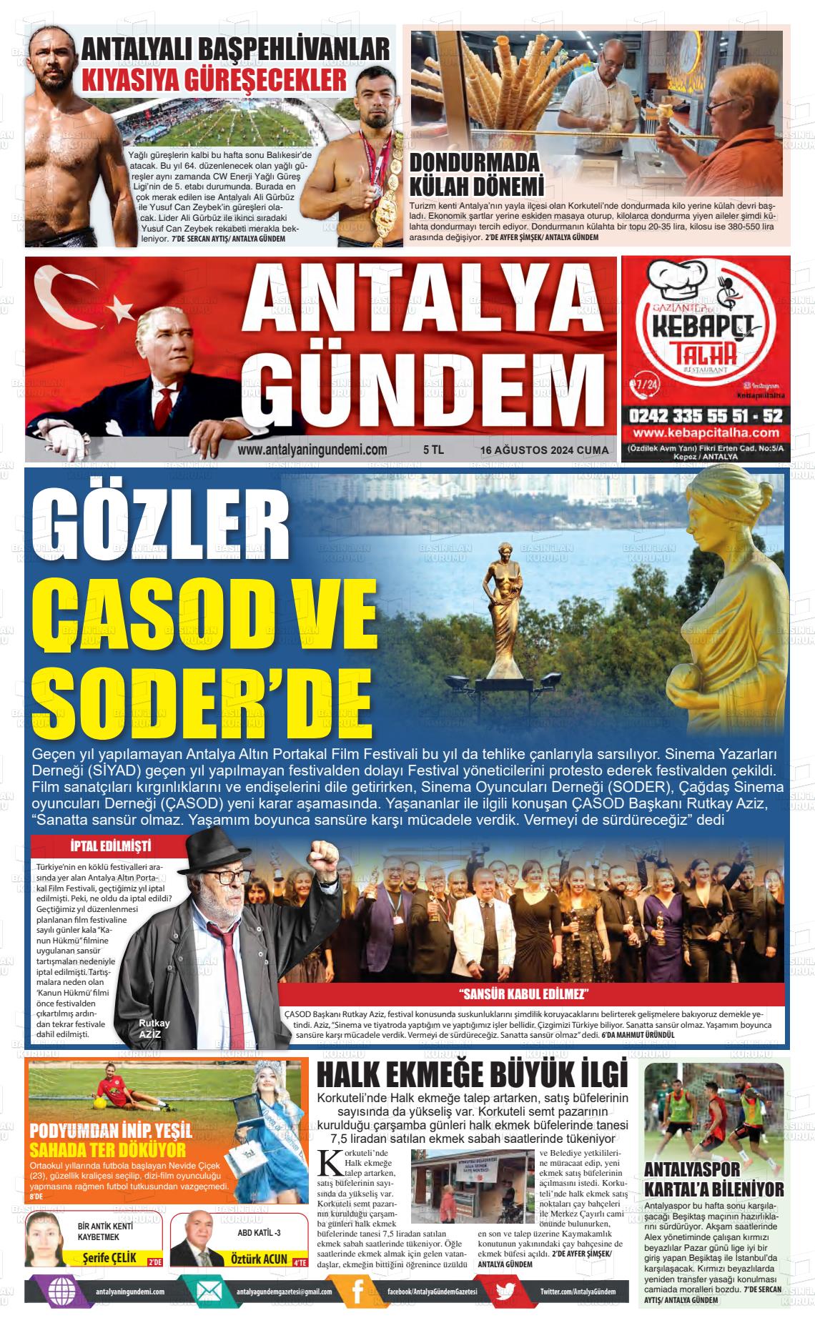 16 Ağustos 2024 Antalya'nın Gündemi Gazete Manşeti