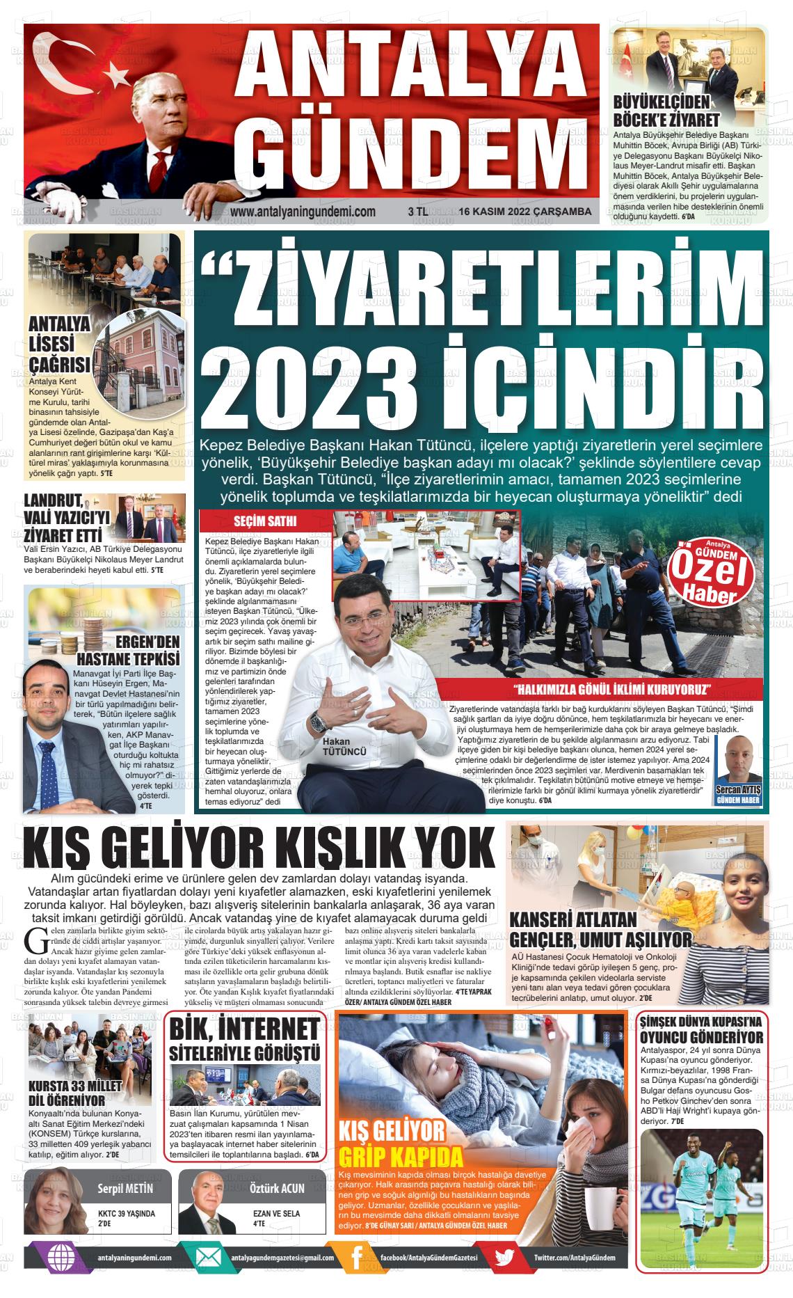 16 Kasım 2022 Antalya'nın Gündemi Gazete Manşeti