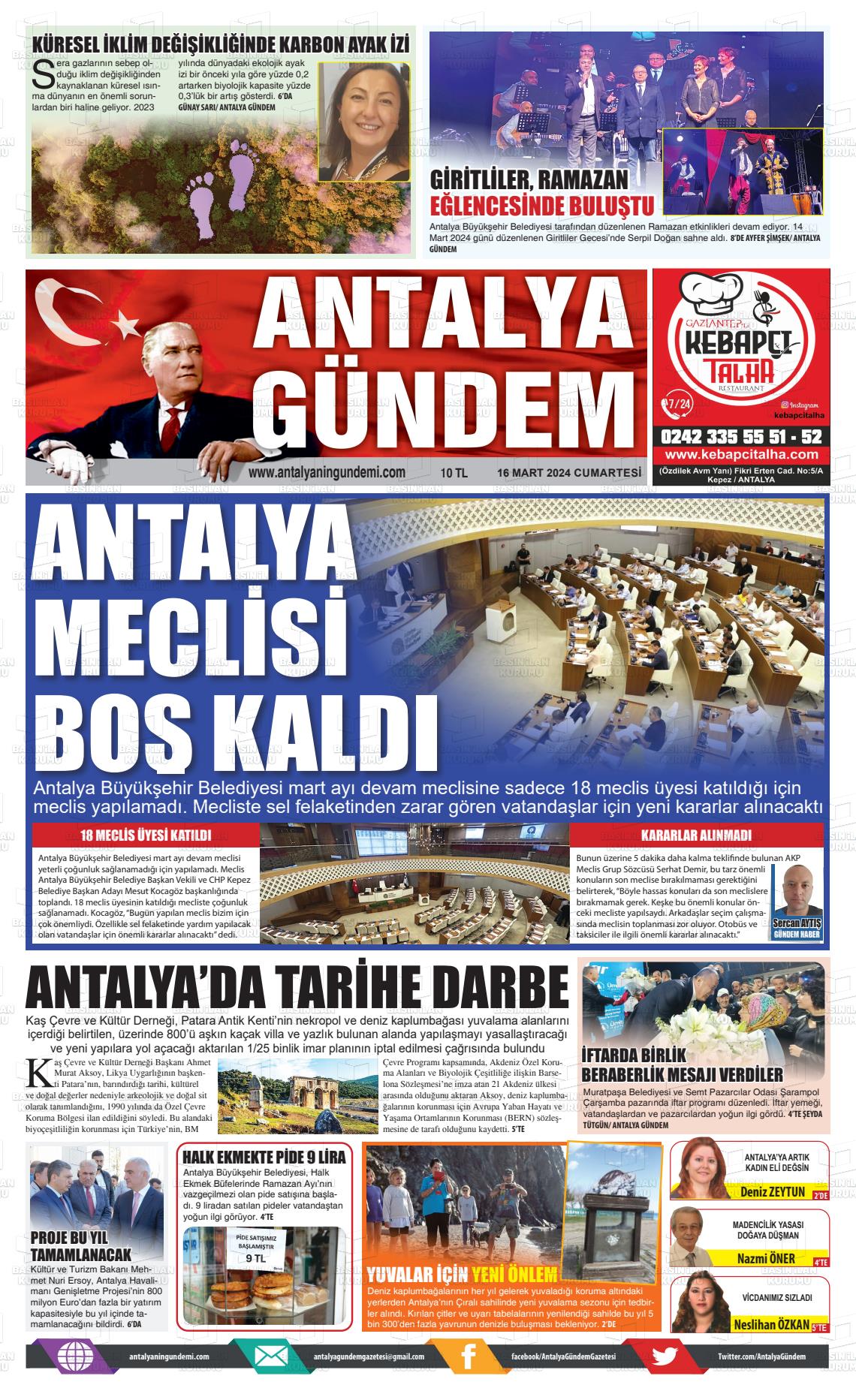 16 Mart 2024 Antalya'nın Gündemi Gazete Manşeti