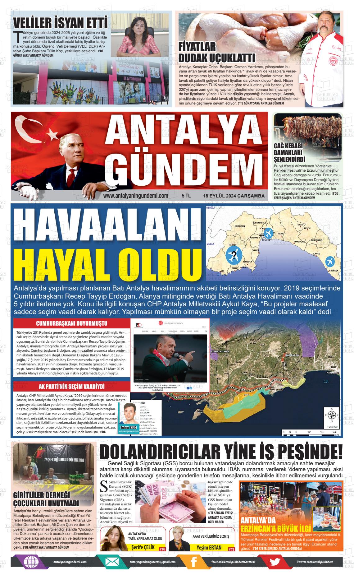 18 Eylül 2024 Antalya'nın Gündemi Gazete Manşeti