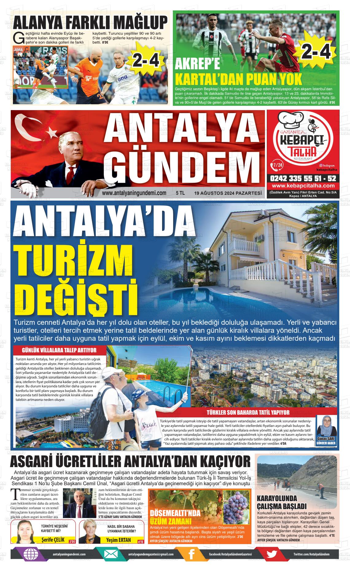 19 Ağustos 2024 Antalya'nın Gündemi Gazete Manşeti