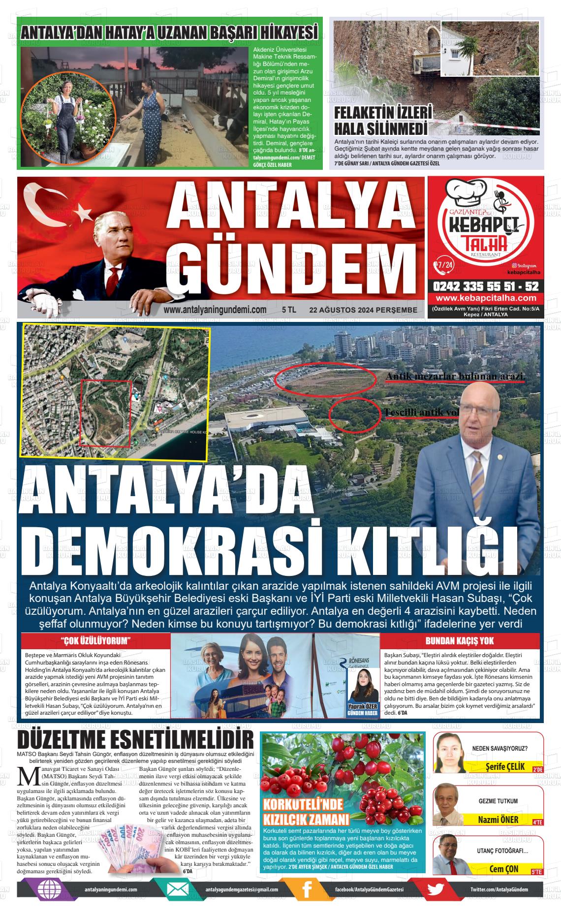 22 Ağustos 2024 Antalya'nın Gündemi Gazete Manşeti