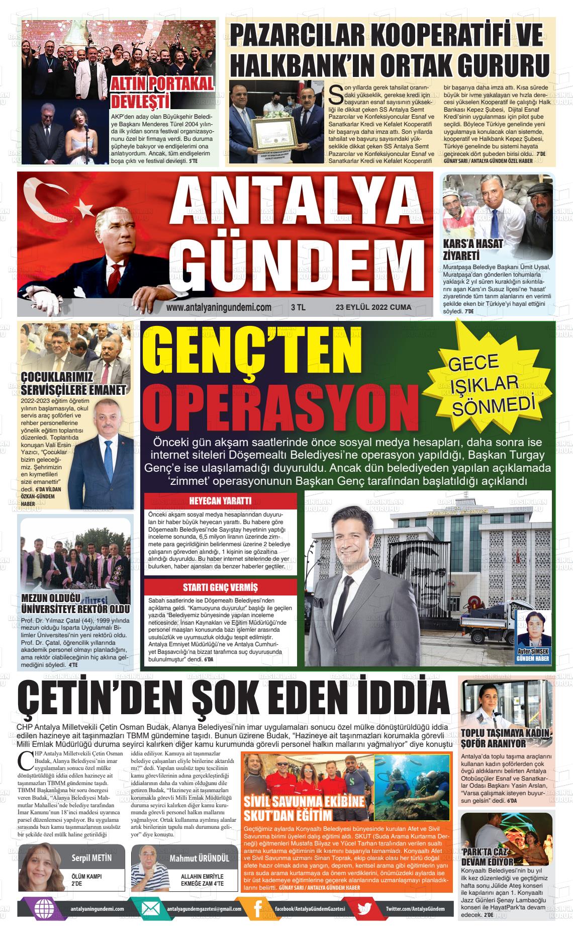 23 Eylül 2022 Antalya'nın Gündemi Gazete Manşeti