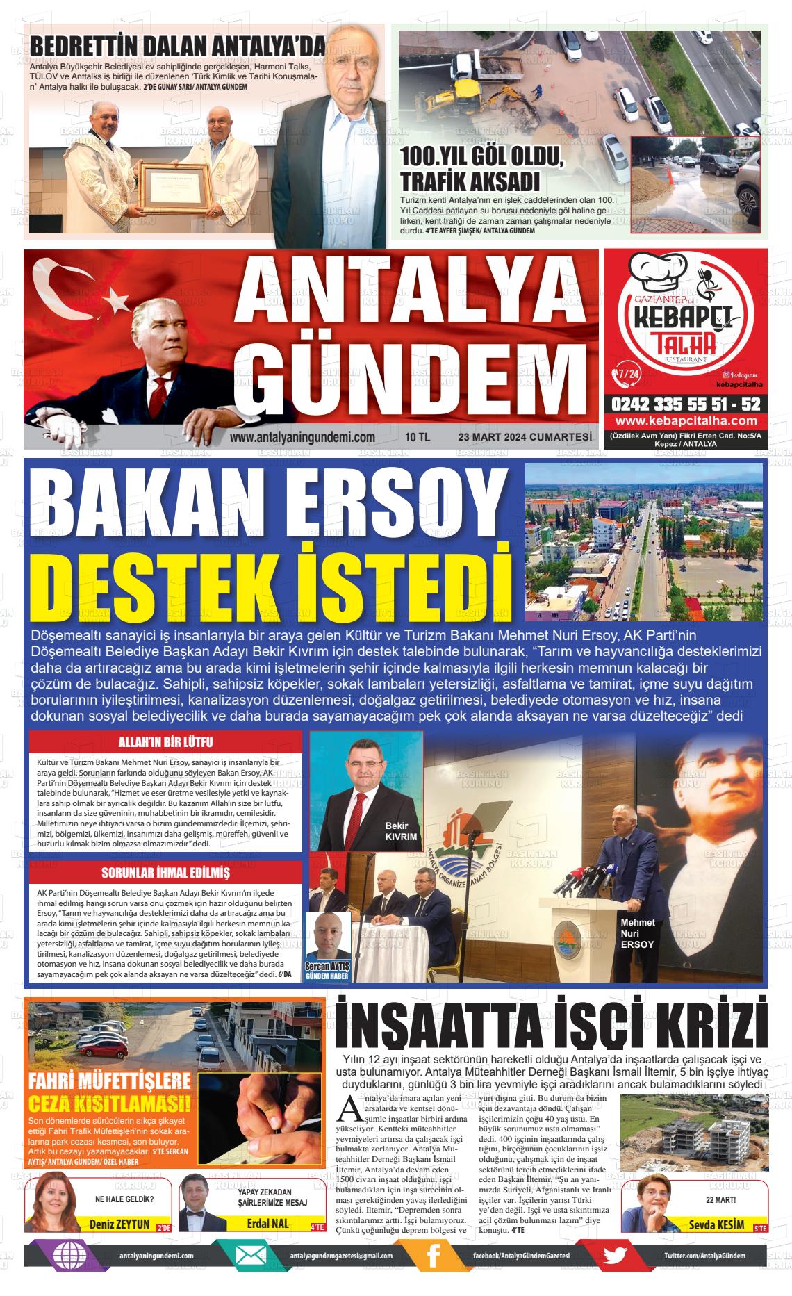 23 Mart 2024 Antalya'nın Gündemi Gazete Manşeti