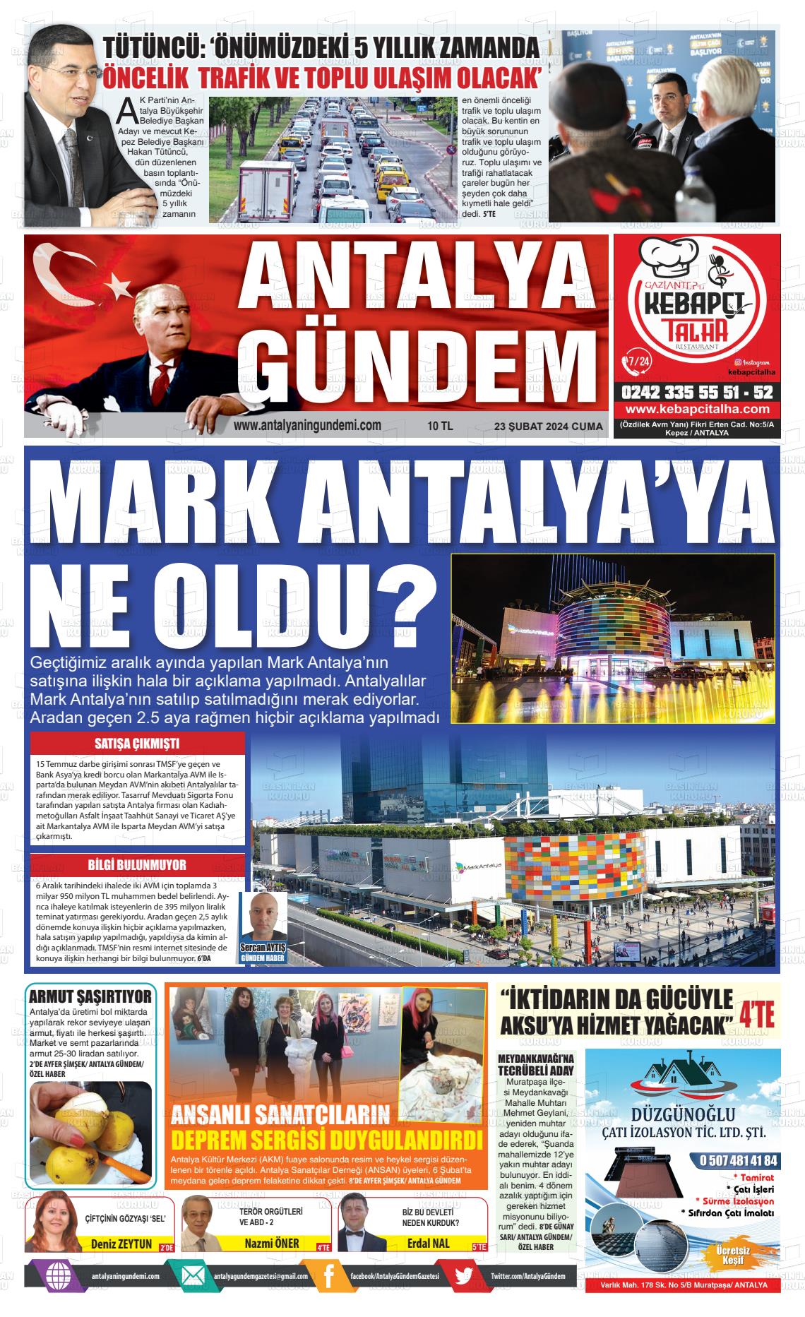 23 Şubat 2024 Antalya'nın Gündemi Gazete Manşeti