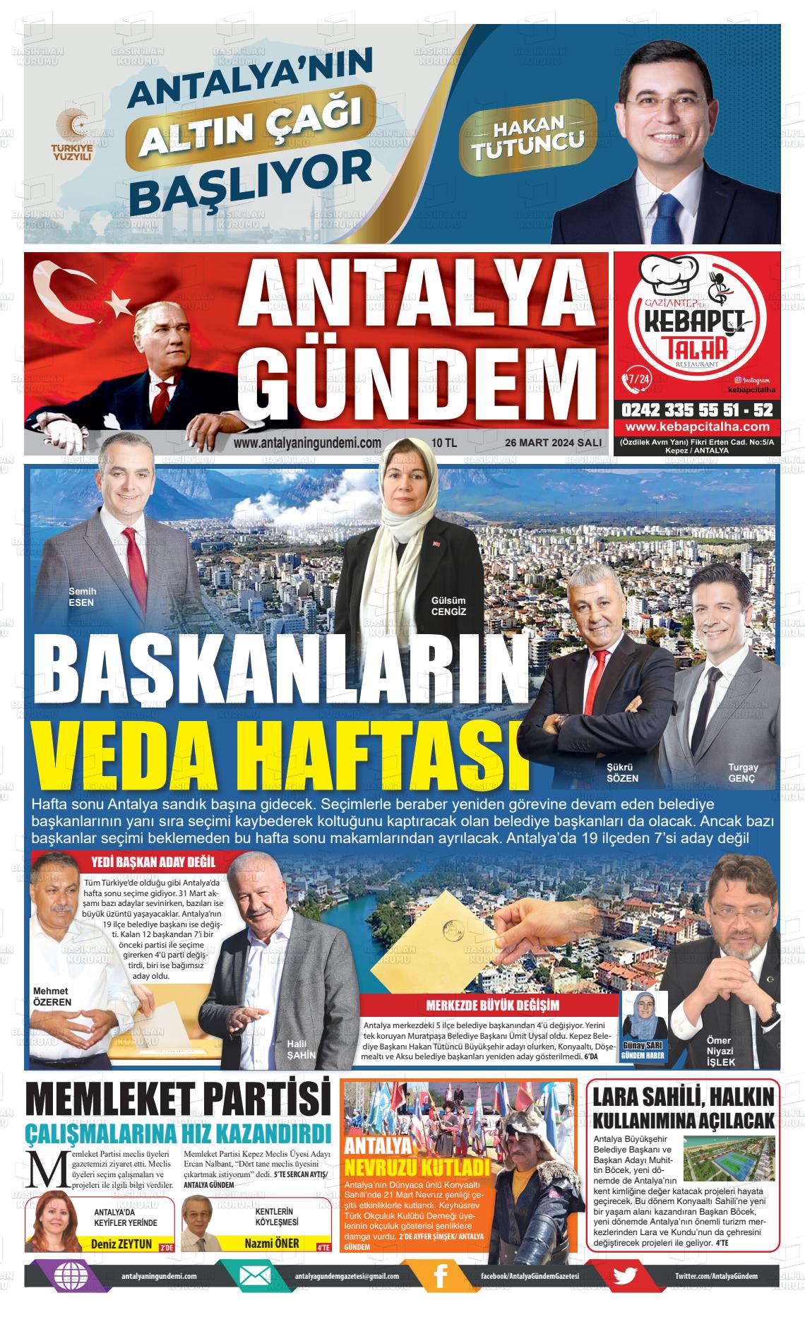 26 Mart 2024 Antalya'nın Gündemi Gazete Manşeti