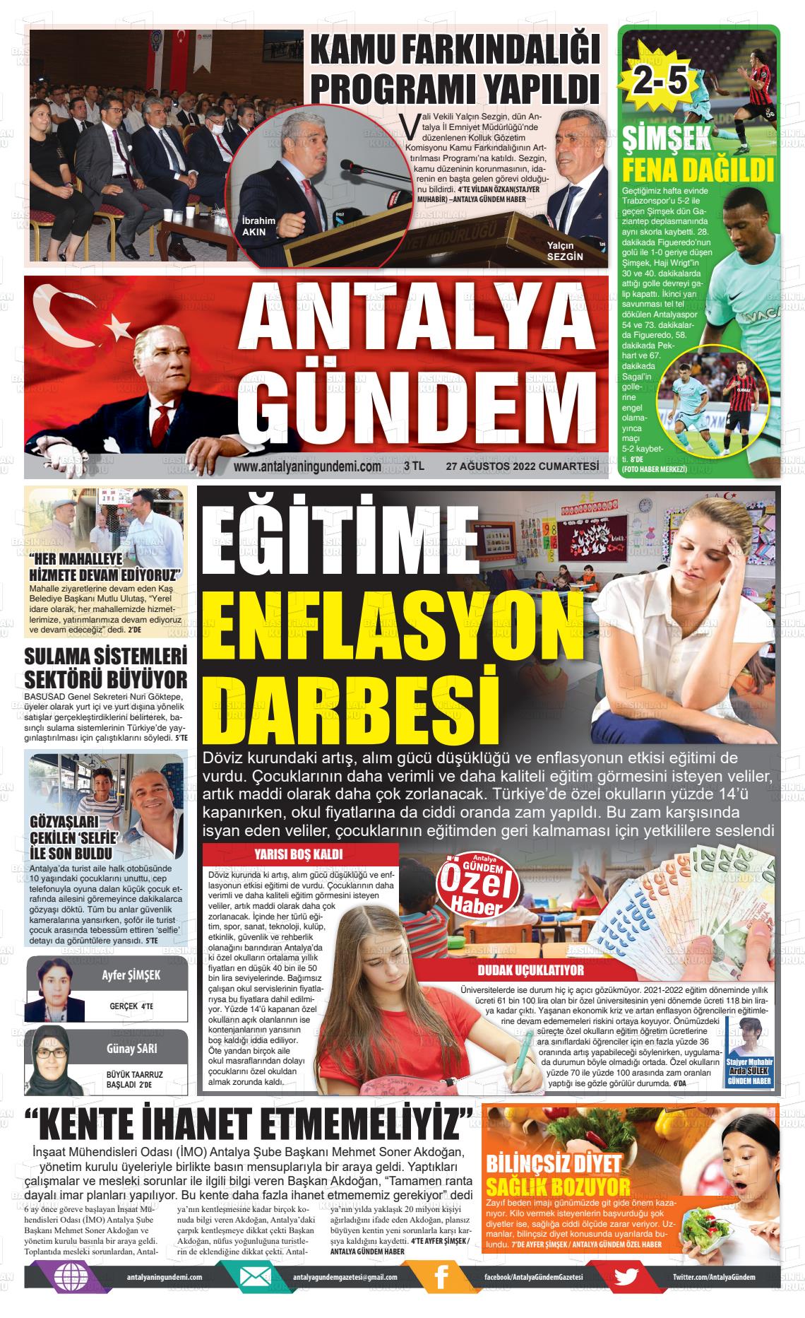 27 Ağustos 2022 Antalya'nın Gündemi Gazete Manşeti