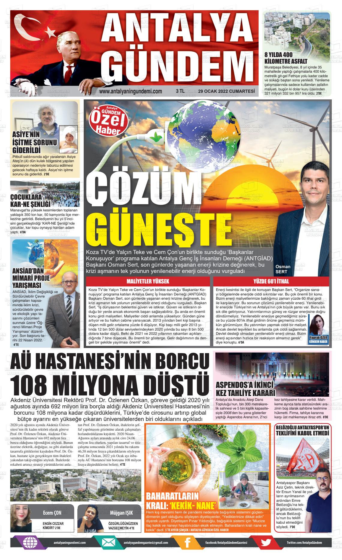 29 Ocak 2022 Antalya'nın Gündemi Gazete Manşeti