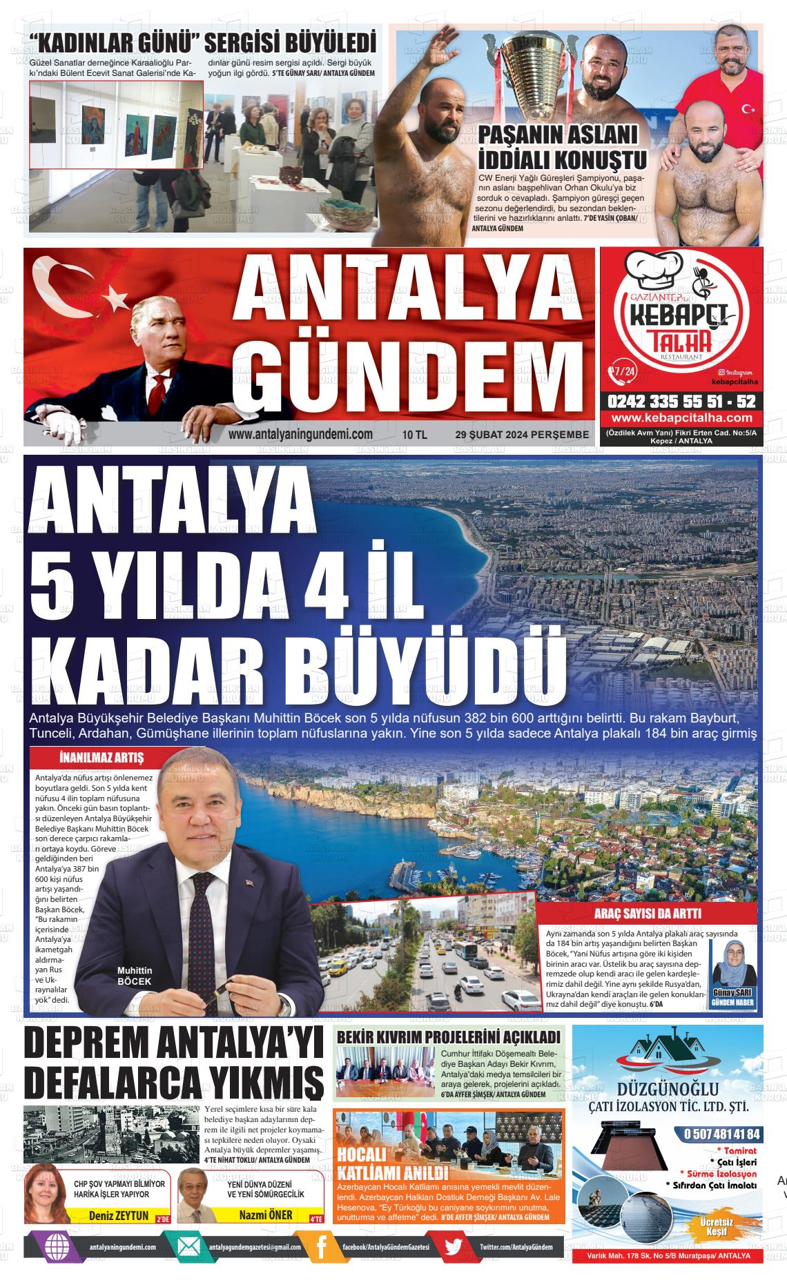 29 Şubat 2024 Antalya'nın Gündemi Gazete Manşeti