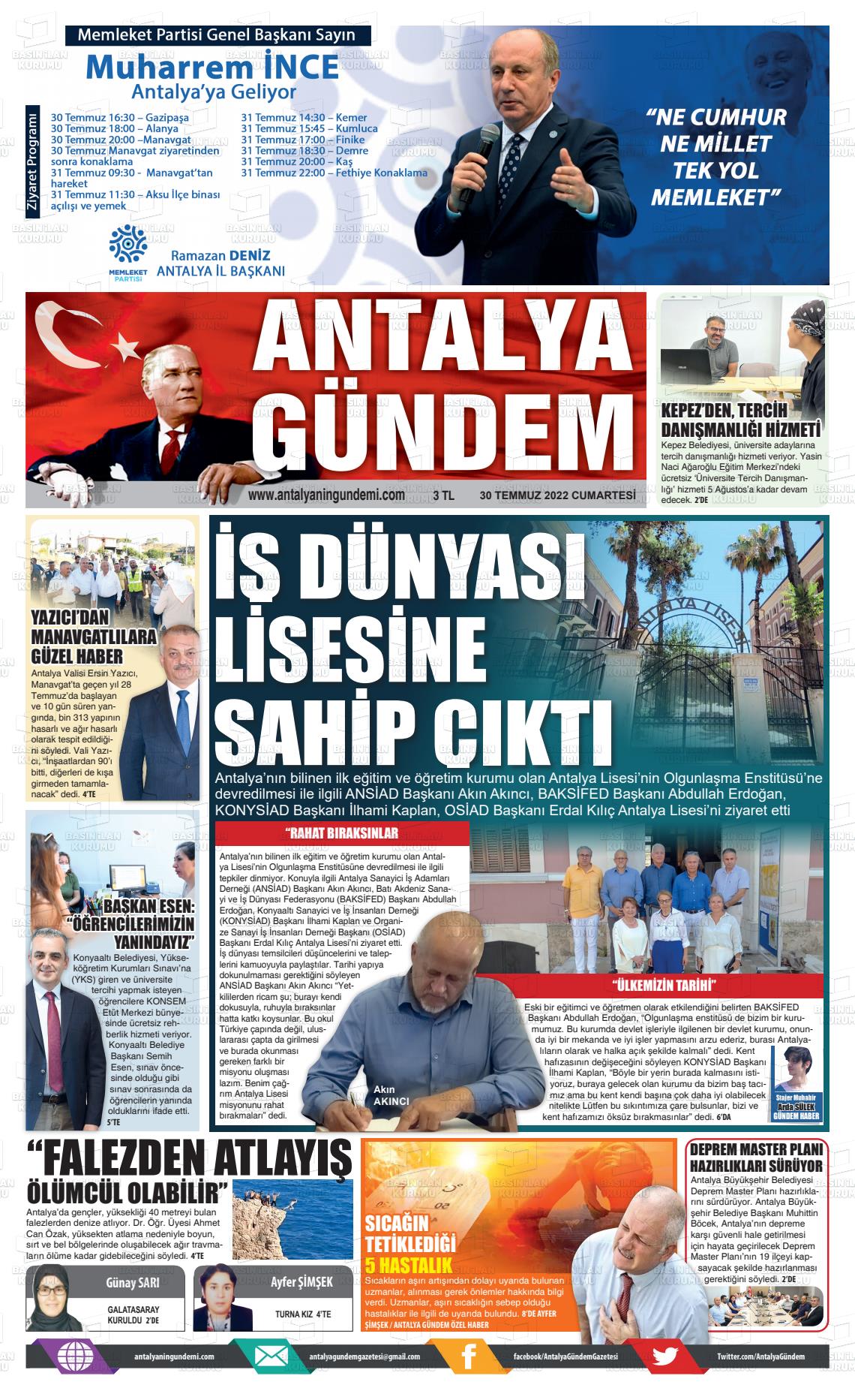 30 Temmuz 2022 Antalya'nın Gündemi Gazete Manşeti