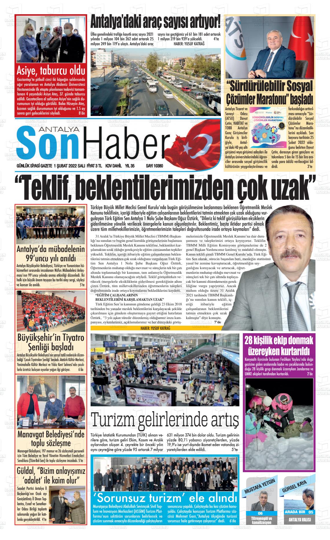 01 Şubat 2022 Antalya Son Haber Gazete Manşeti