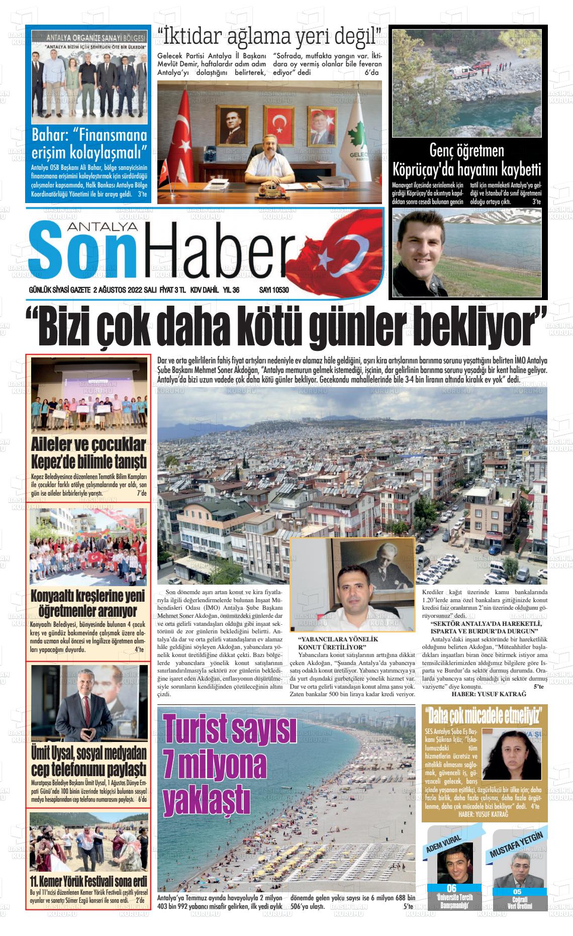 02 Ağustos 2022 Antalya Son Haber Gazete Manşeti