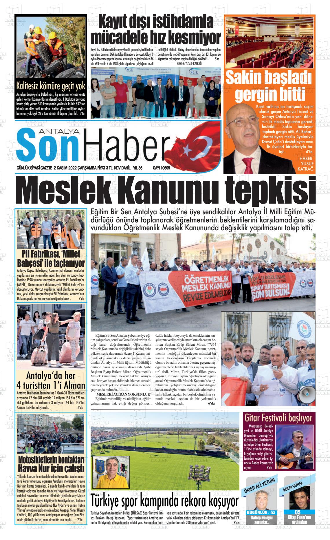 02 Kasım 2022 Antalya Son Haber Gazete Manşeti