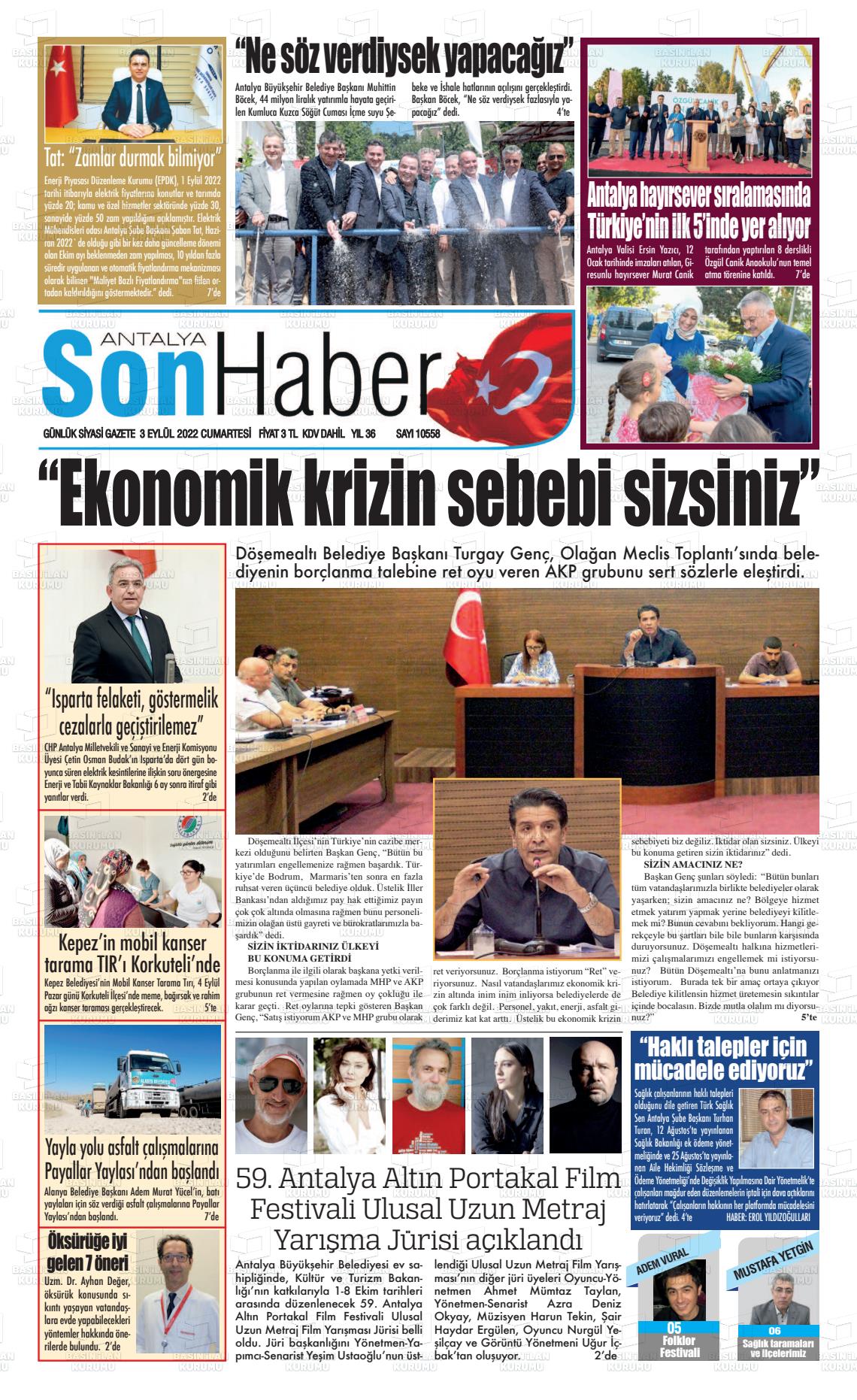 03 Eylül 2022 Antalya Son Haber Gazete Manşeti