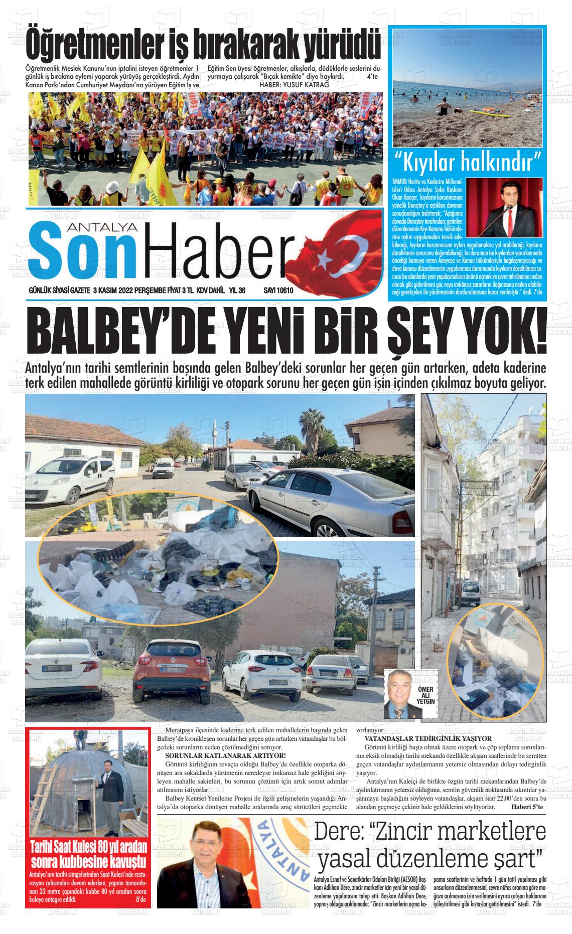 03 Kasım 2022 Antalya Son Haber Gazete Manşeti