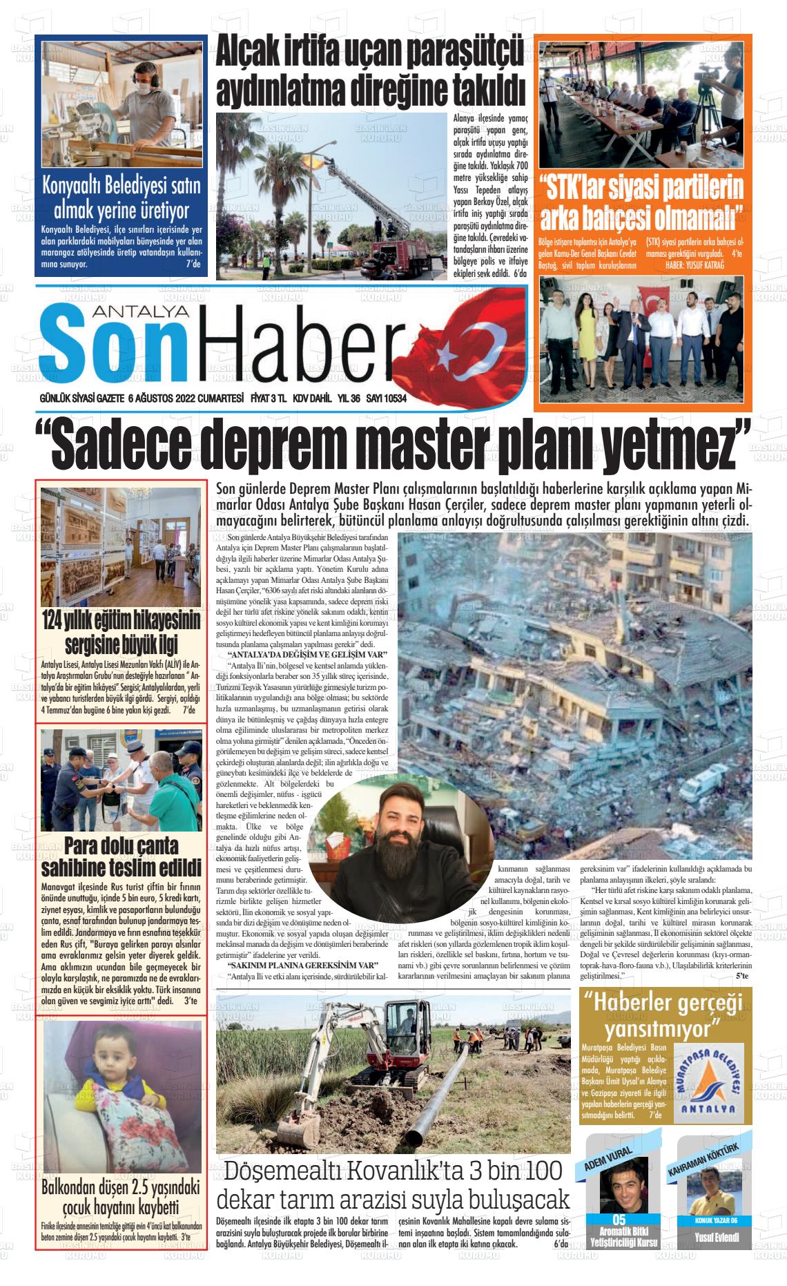 06 Ağustos 2022 Antalya Son Haber Gazete Manşeti