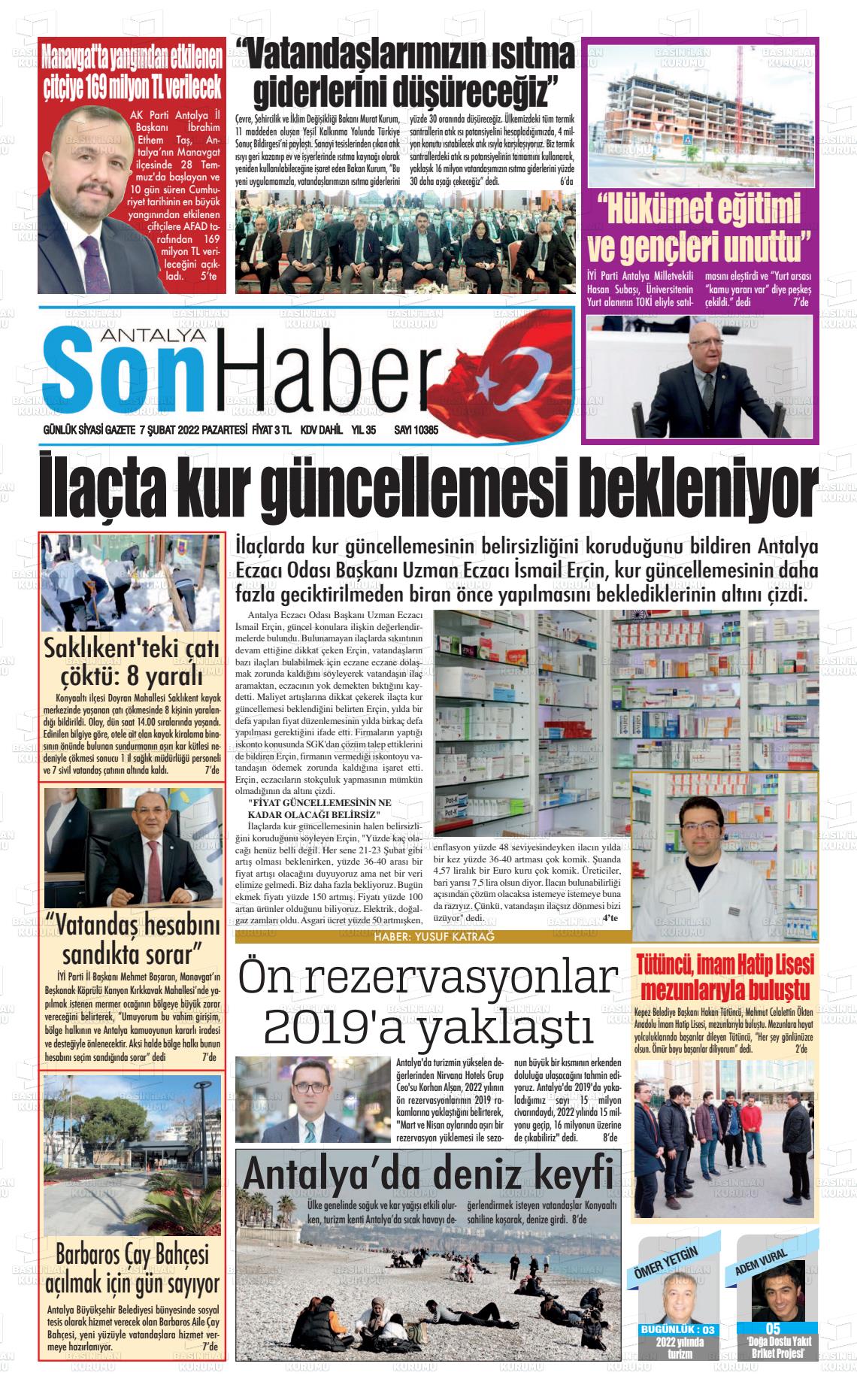 07 Şubat 2022 Antalya Son Haber Gazete Manşeti