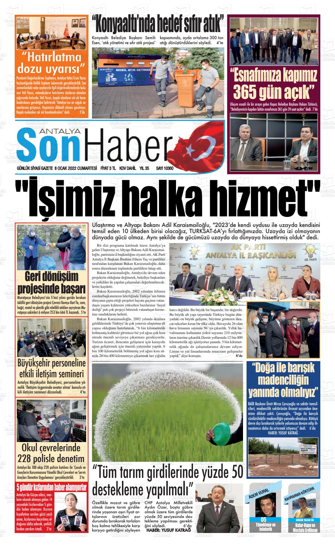 08 Ocak 2022 Antalya Son Haber Gazete Manşeti