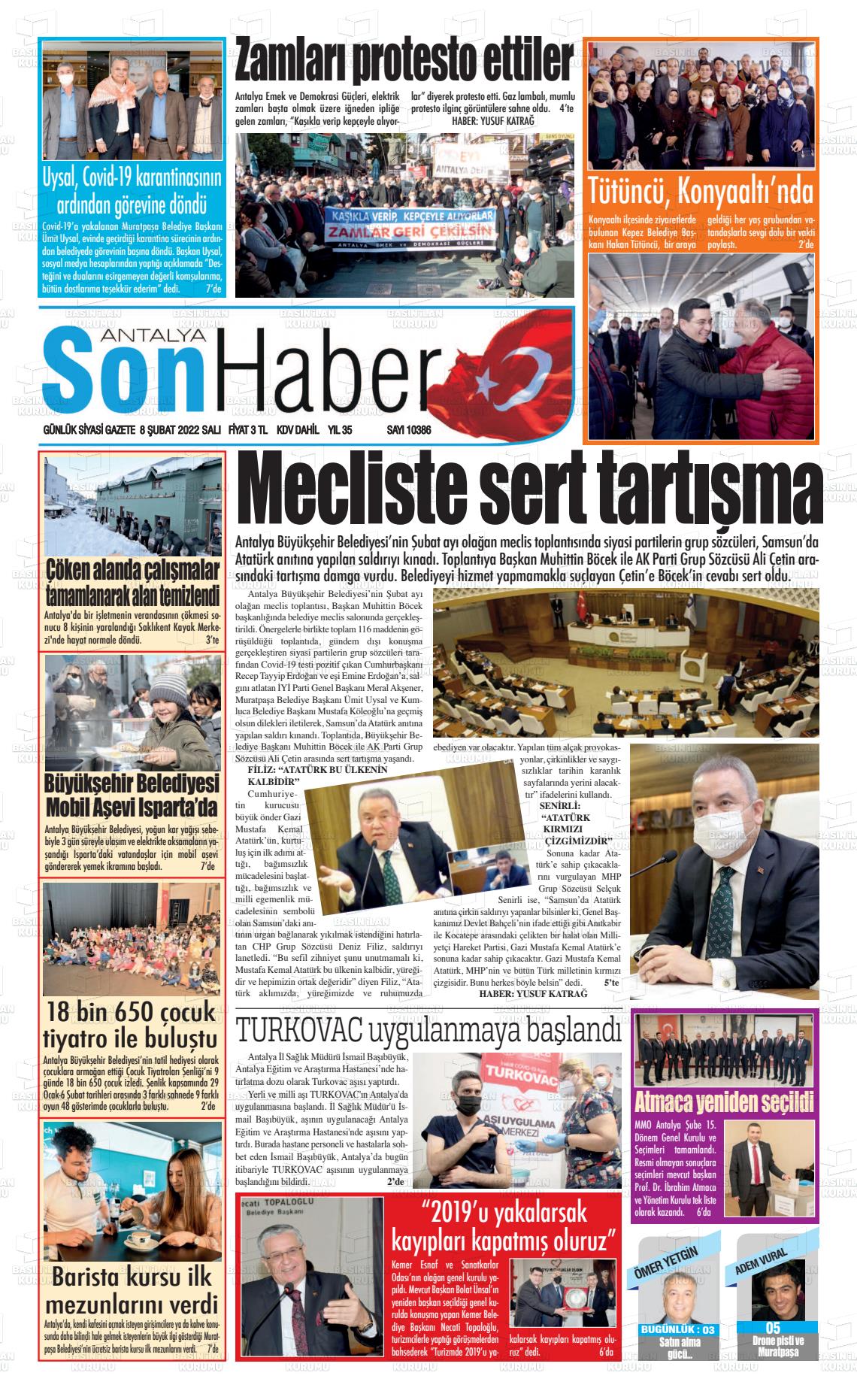 08 Şubat 2022 Antalya Son Haber Gazete Manşeti