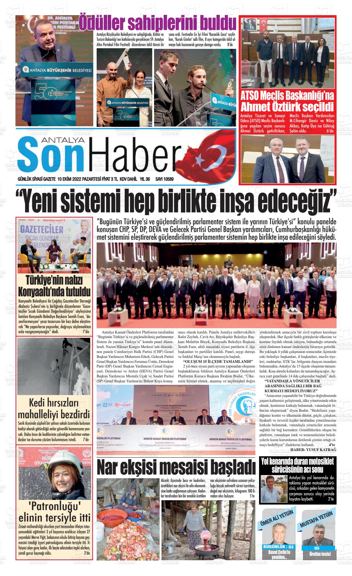 10 Ekim 2022 Antalya Son Haber Gazete Manşeti