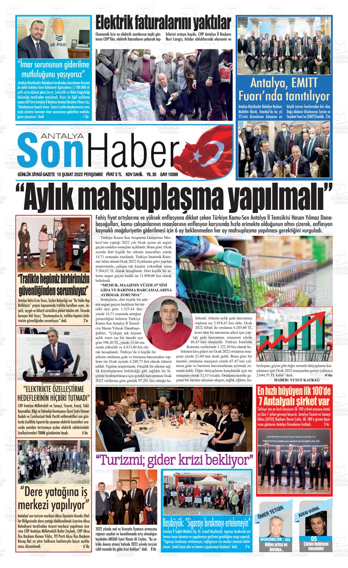 10 Şubat 2022 Antalya Son Haber Gazete Manşeti