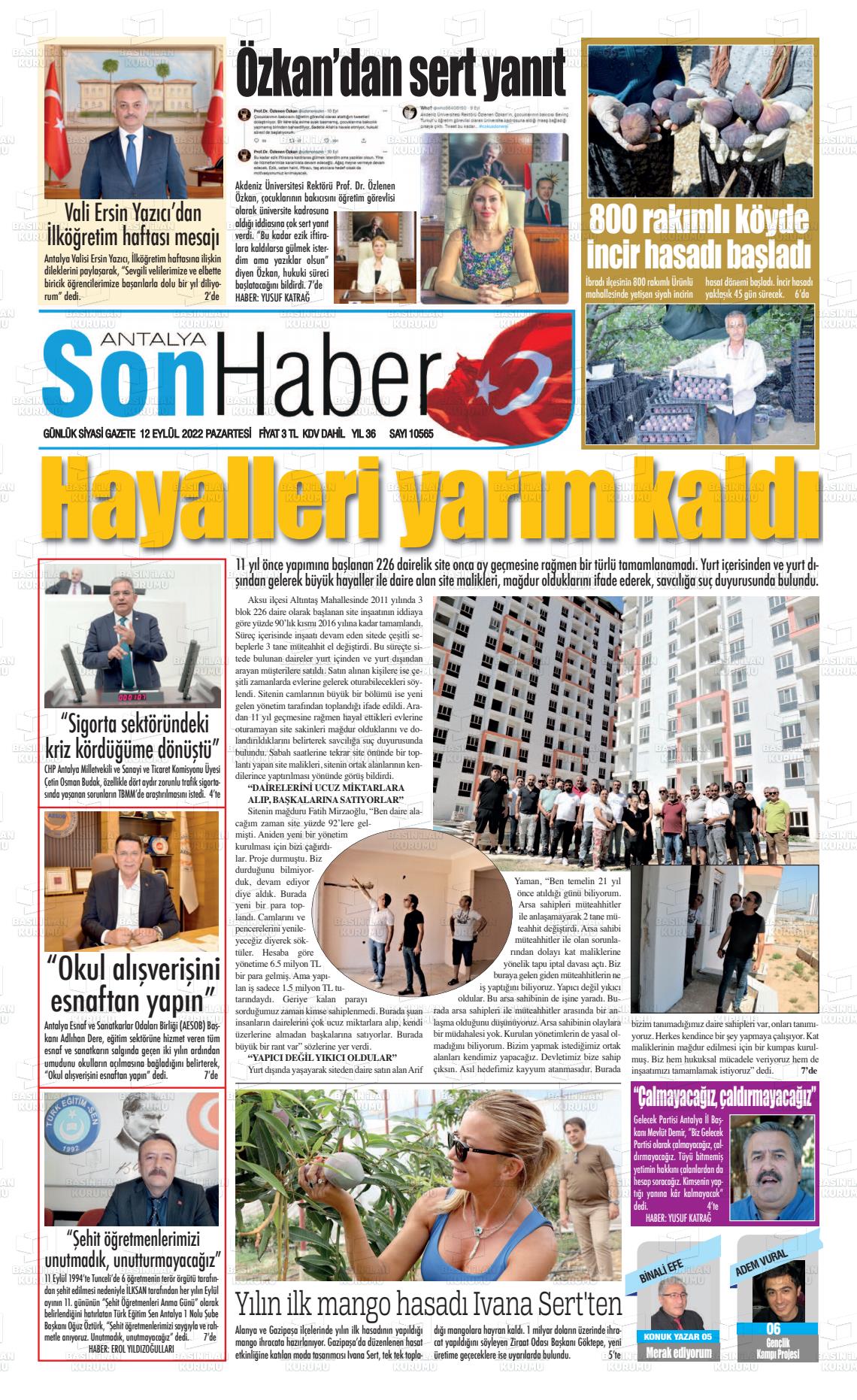 12 Eylül 2022 Antalya Son Haber Gazete Manşeti