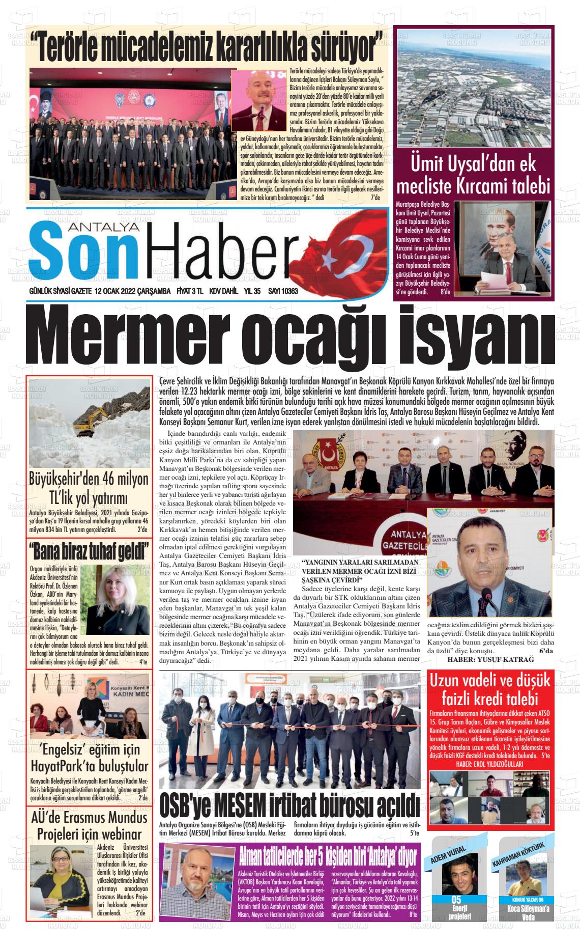 12 Ocak 2022 Antalya Son Haber Gazete Manşeti