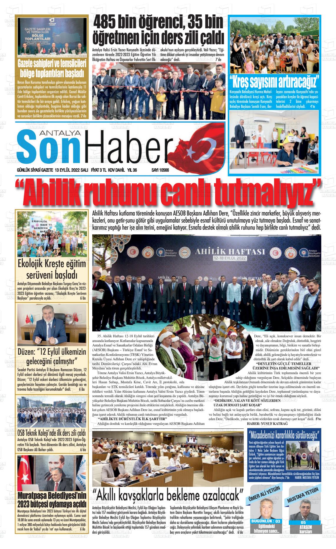 13 Eylül 2022 Antalya Son Haber Gazete Manşeti