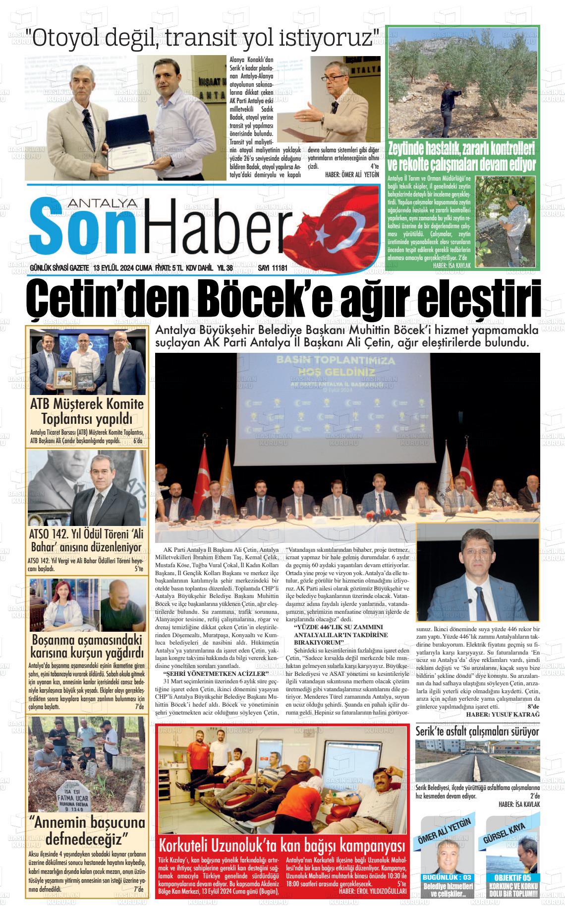 13 Eylül 2024 Antalya Son Haber Gazete Manşeti