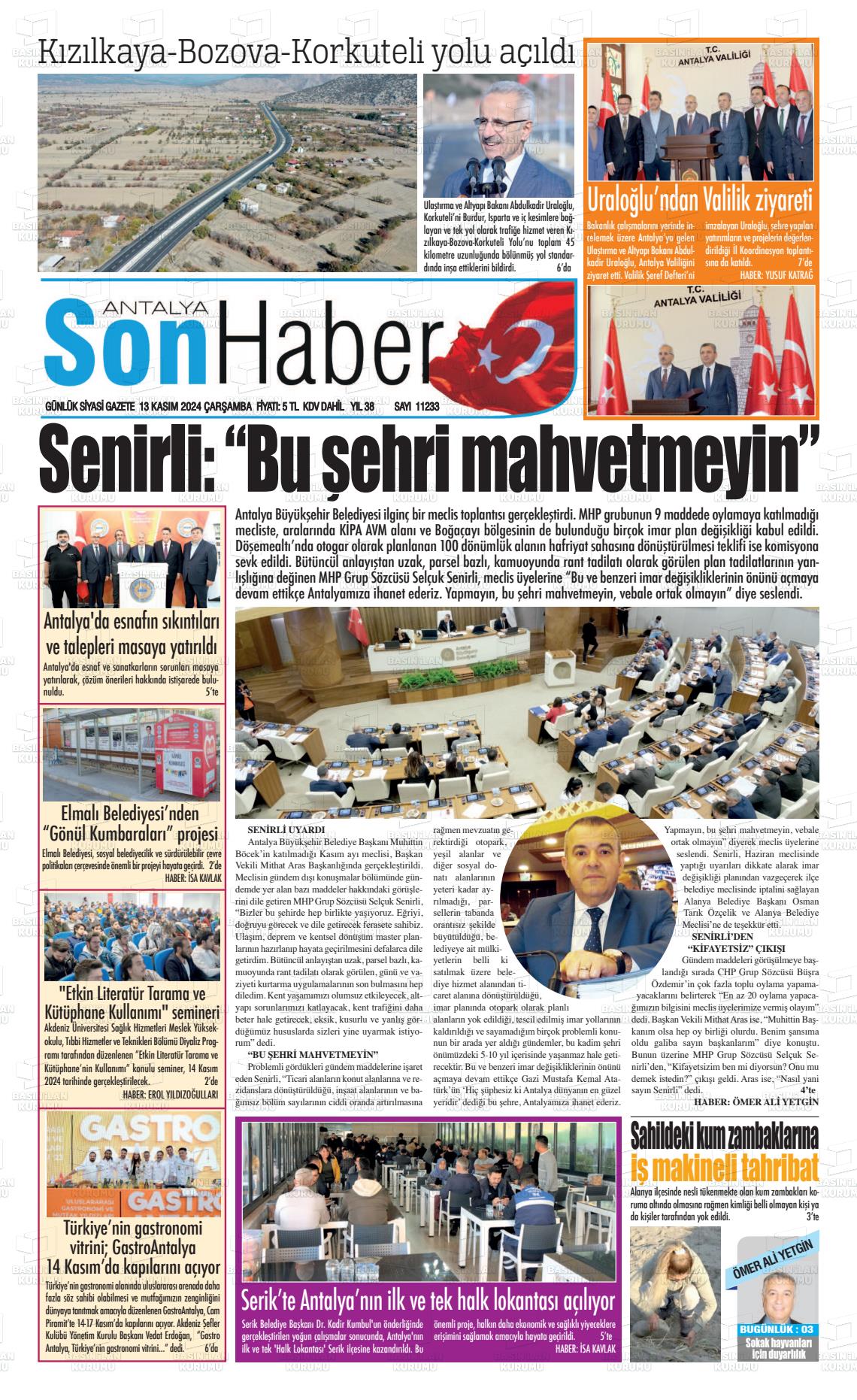 13 Kasım 2024 Antalya Son Haber Gazete Manşeti