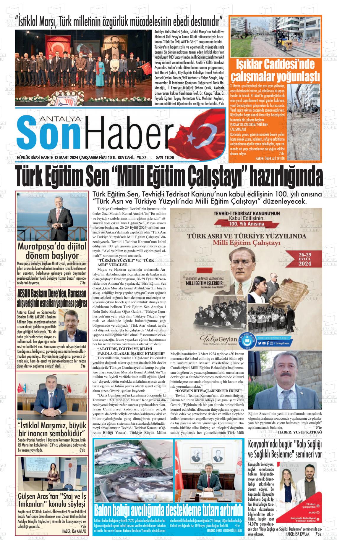 13 Mart 2024 Antalya Son Haber Gazete Manşeti