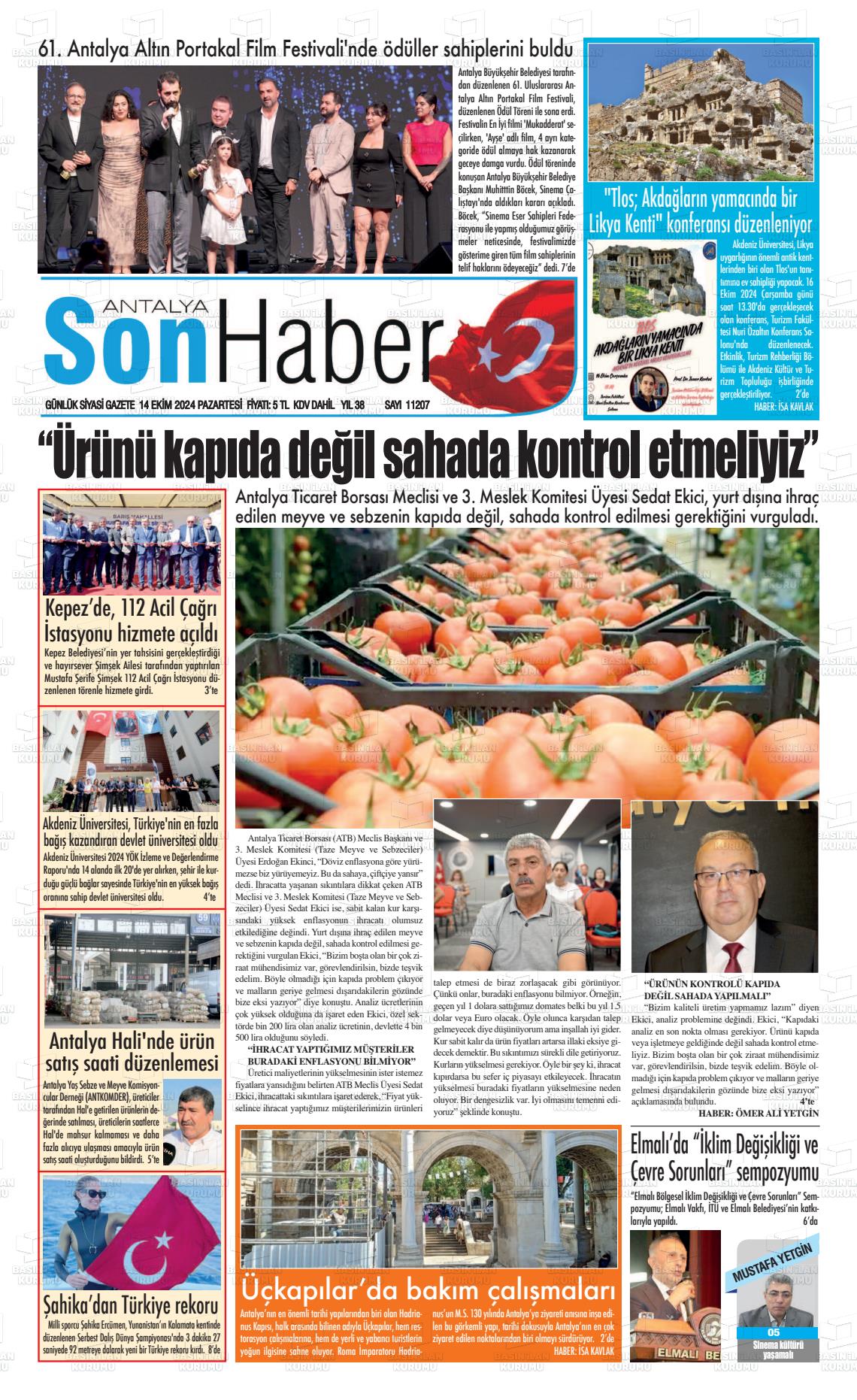 14 Ekim 2024 Antalya Son Haber Gazete Manşeti