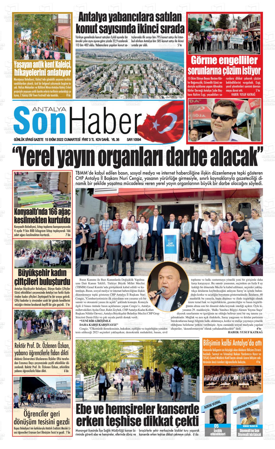 15 Ekim 2022 Antalya Son Haber Gazete Manşeti