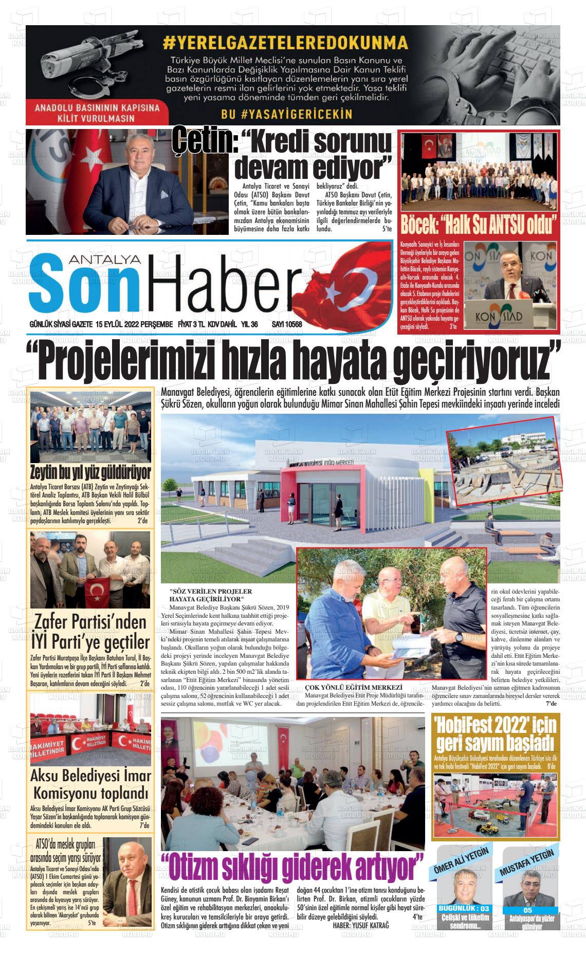 15 Eylül 2022 Antalya Son Haber Gazete Manşeti