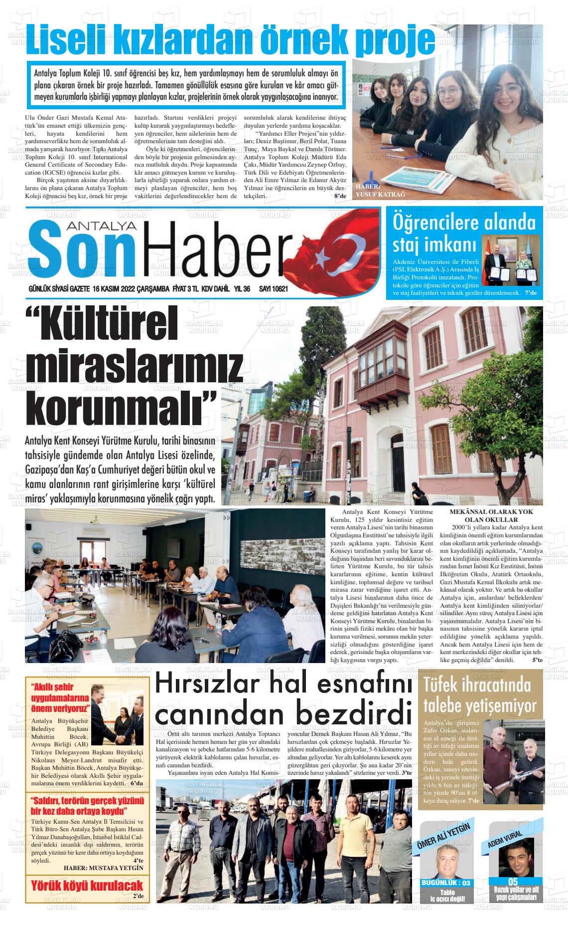 16 Kasım 2022 Antalya Son Haber Gazete Manşeti