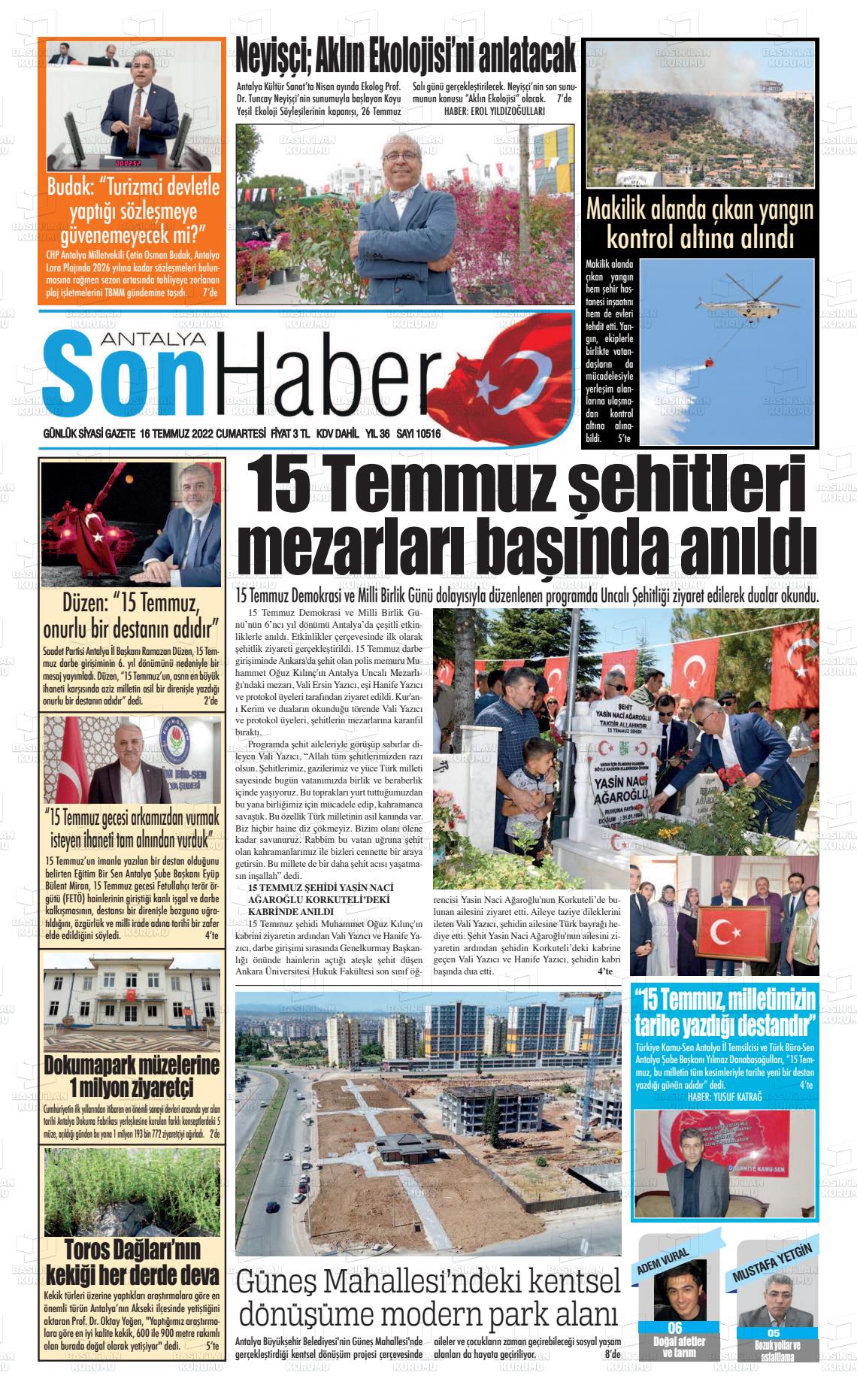 16 Temmuz 2022 Antalya Son Haber Gazete Manşeti