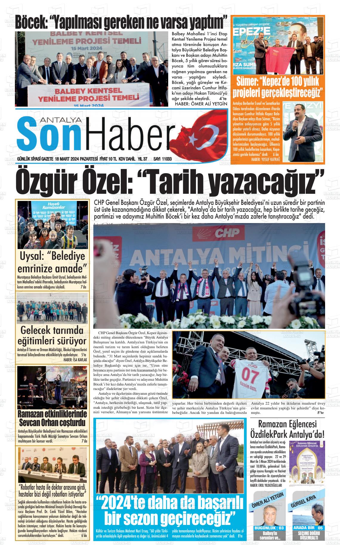 18 Mart 2024 Antalya Son Haber Gazete Manşeti