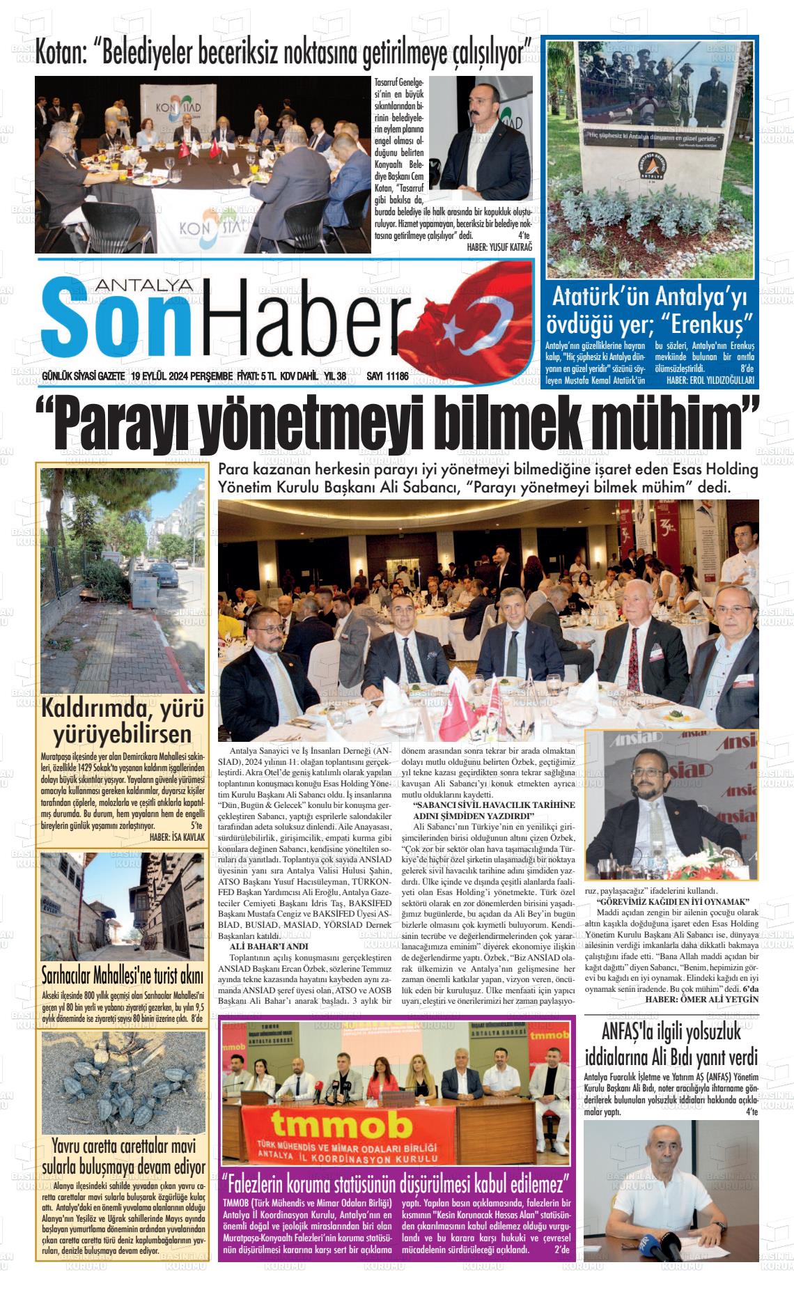 19 Eylül 2024 Antalya Son Haber Gazete Manşeti