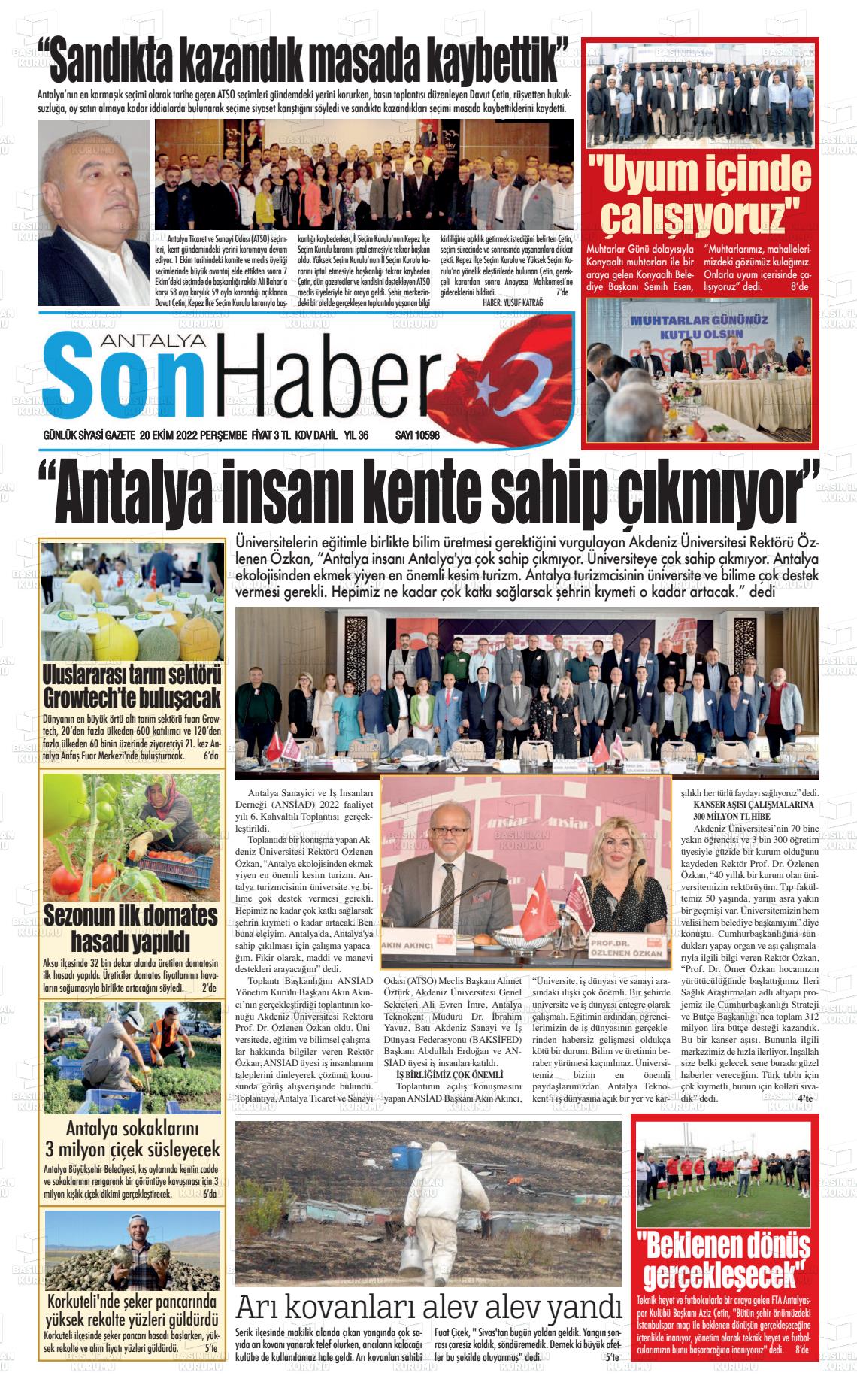 20 Ekim 2022 Antalya Son Haber Gazete Manşeti