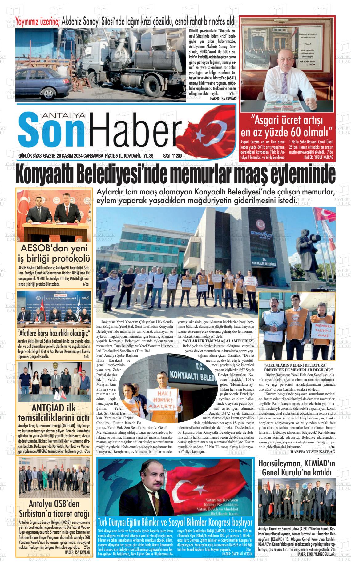 20 Kasım 2024 Antalya Son Haber Gazete Manşeti