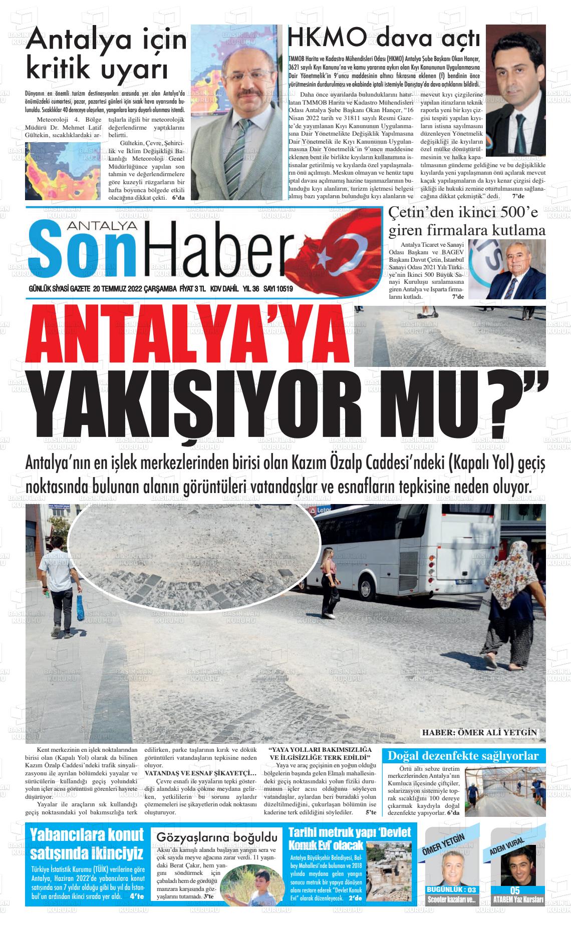 20 Temmuz 2022 Antalya Son Haber Gazete Manşeti