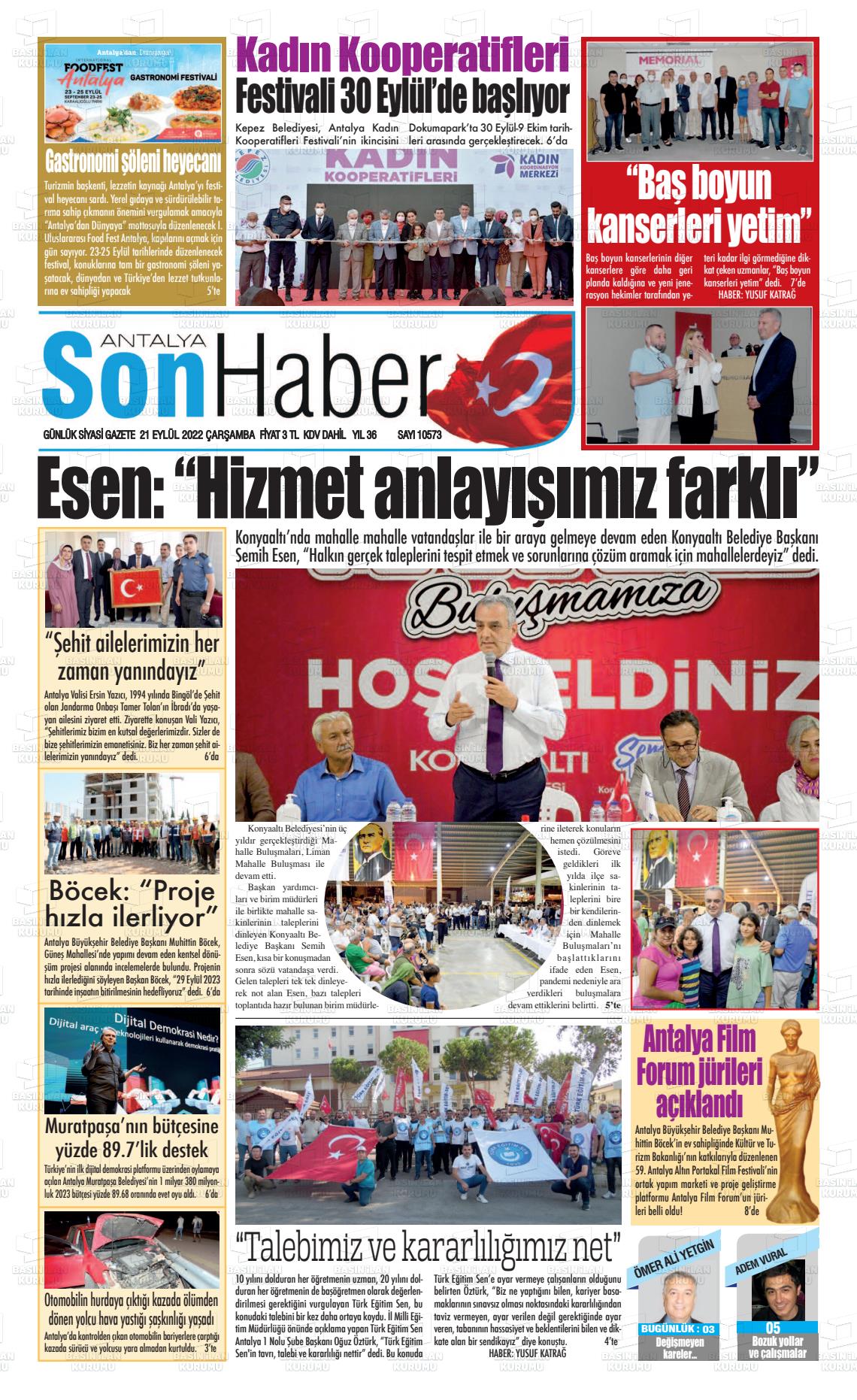 21 Eylül 2022 Antalya Son Haber Gazete Manşeti