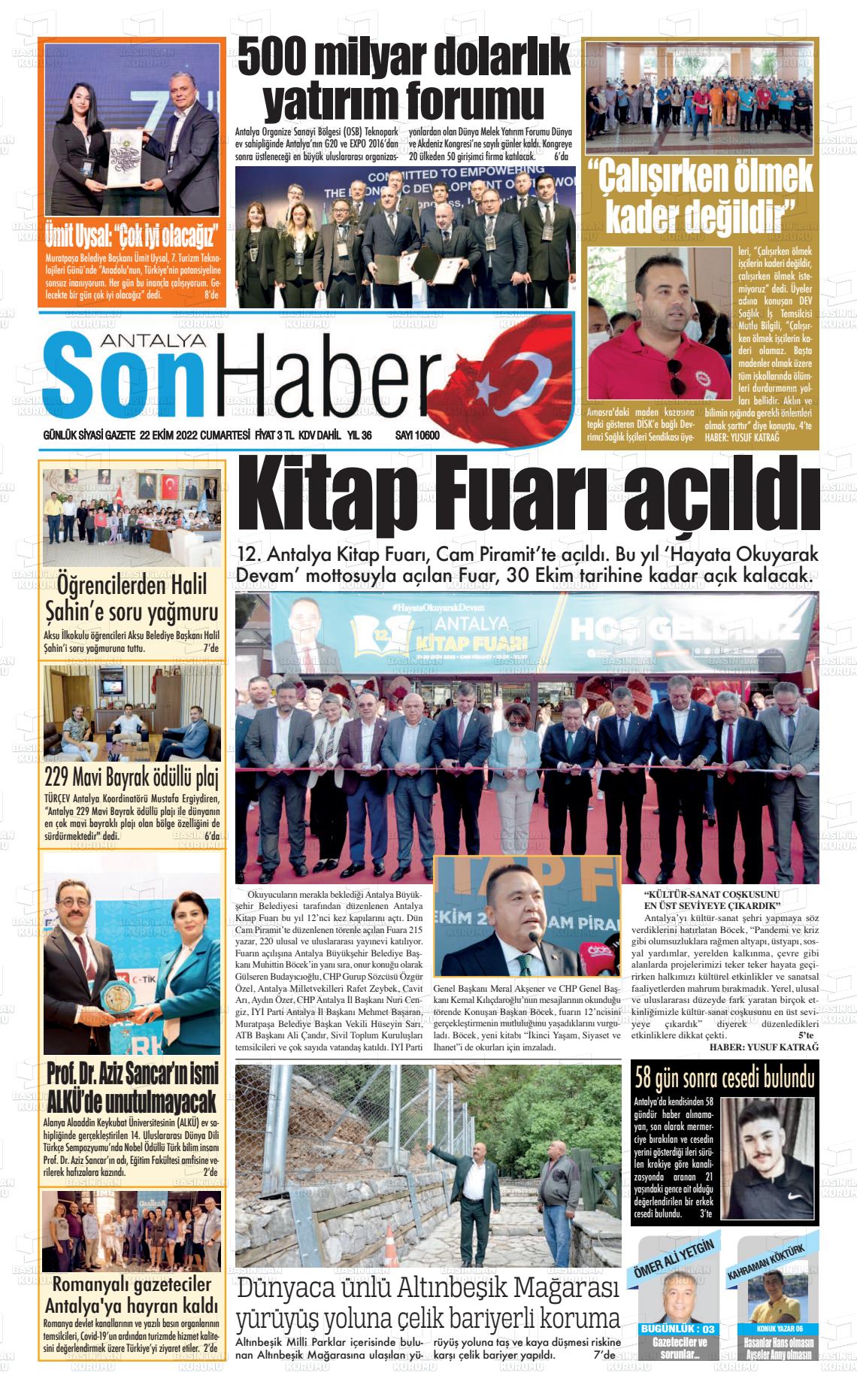 22 Ekim 2022 Antalya Son Haber Gazete Manşeti