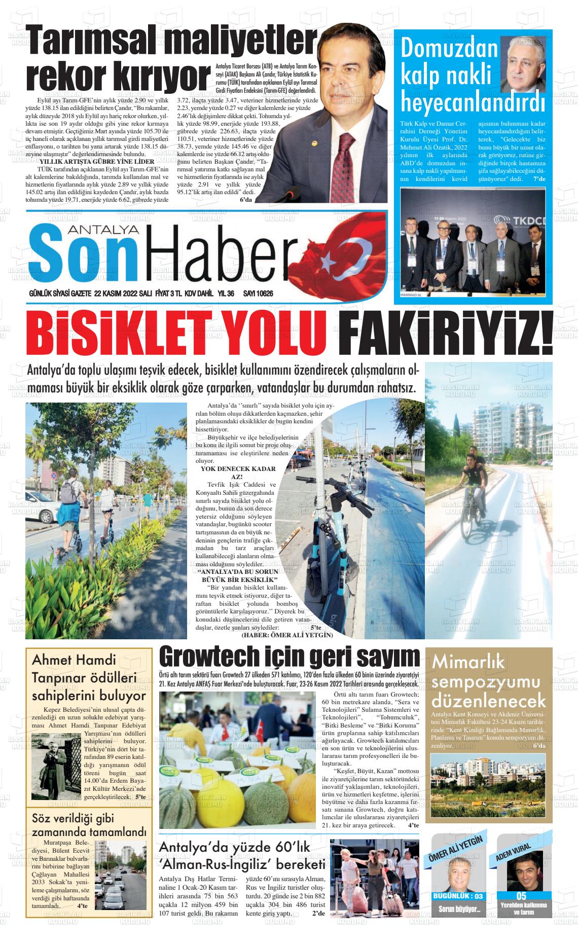 22 Kasım 2022 Antalya Son Haber Gazete Manşeti