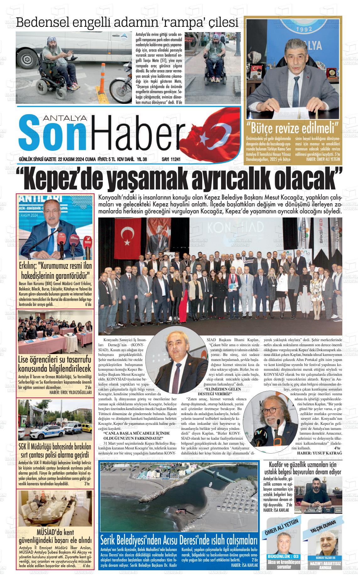 22 Kasım 2024 Antalya Son Haber Gazete Manşeti