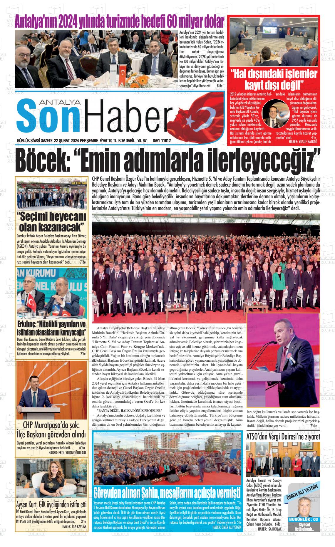 22 Şubat 2024 Antalya Son Haber Gazete Manşeti