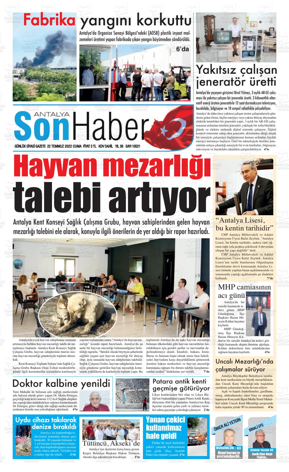 22 Temmuz 2022 Antalya Son Haber Gazete Manşeti