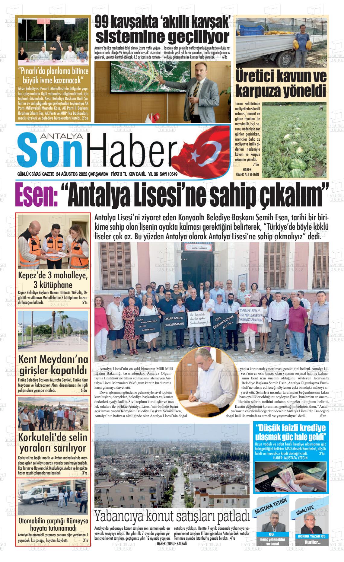 24 Ağustos 2022 Antalya Son Haber Gazete Manşeti